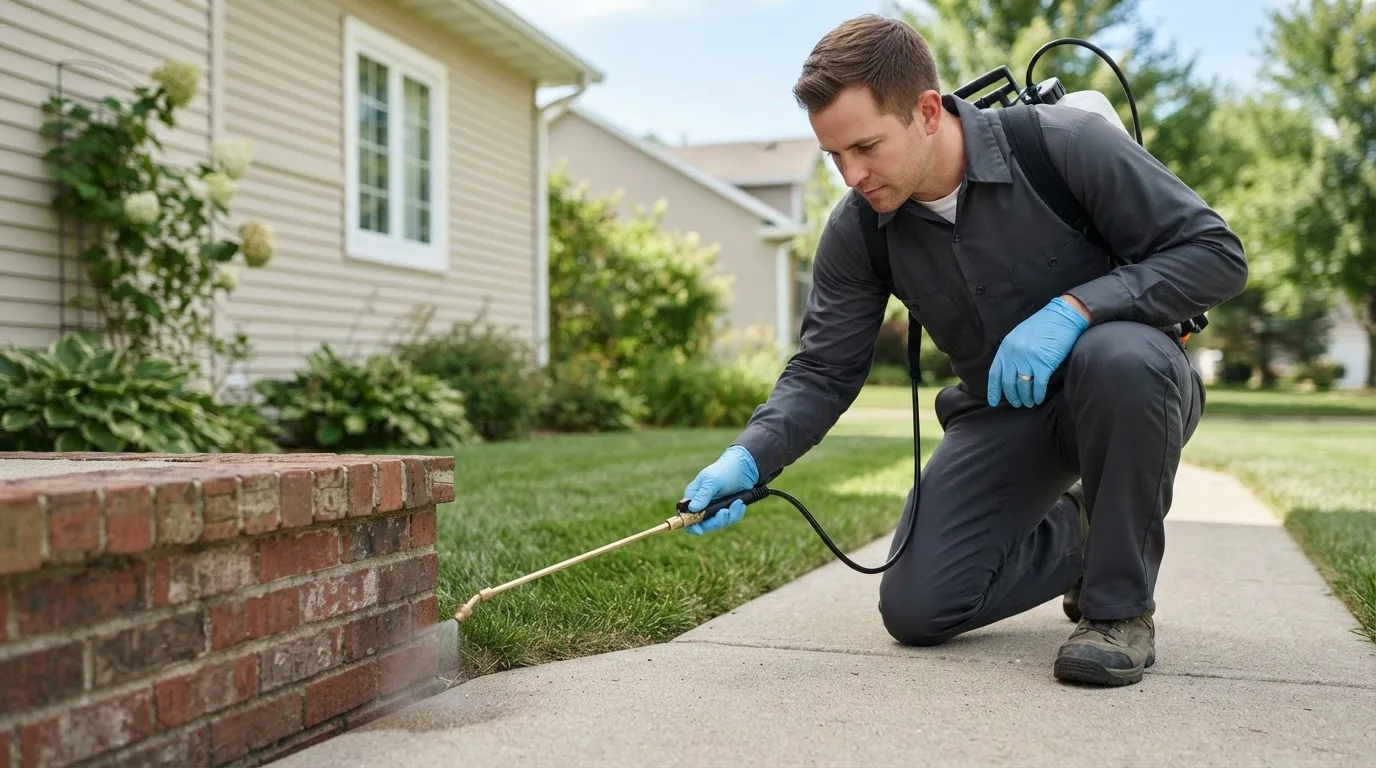 Pest control technician treating a home near Mcgrath, MN